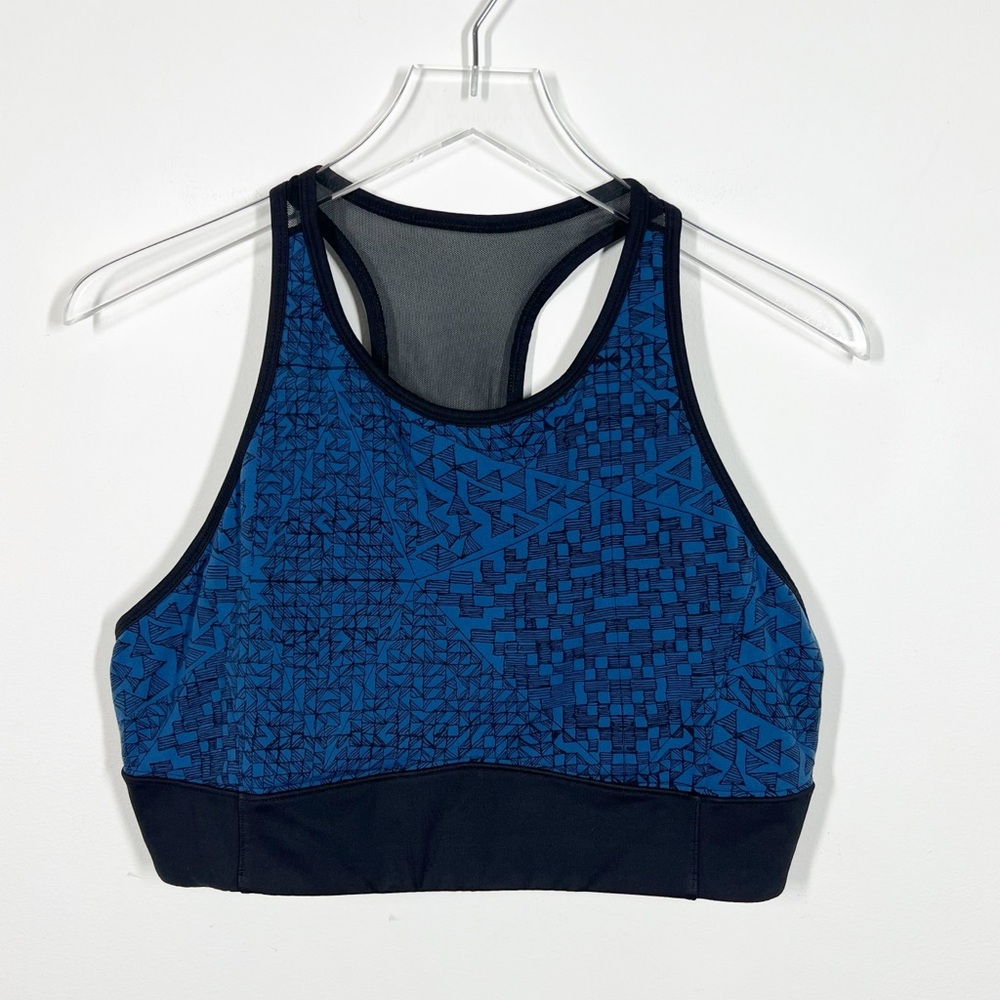 Lucy Women's XL Blue Black Geometric High Neck Racerback Athletic Sports Bra